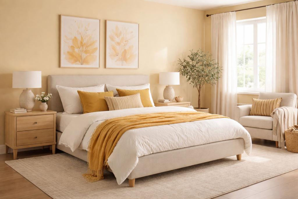 Bedroom with soft mustard tones, neutral furniture, cozy bedding, and light wood nightstands creating a warm and elegant decor.
