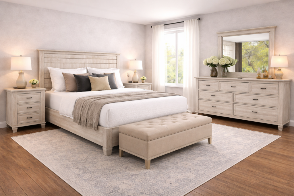 Bedroom sets made in USA with wooden bed, nightstands, dresser, and bench in a clean modern layout