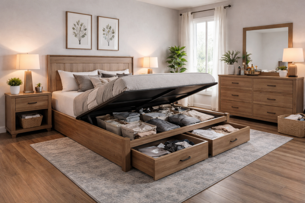 Bedroom sets with smart storage featuring lift-up bed and built-in drawers for organized space