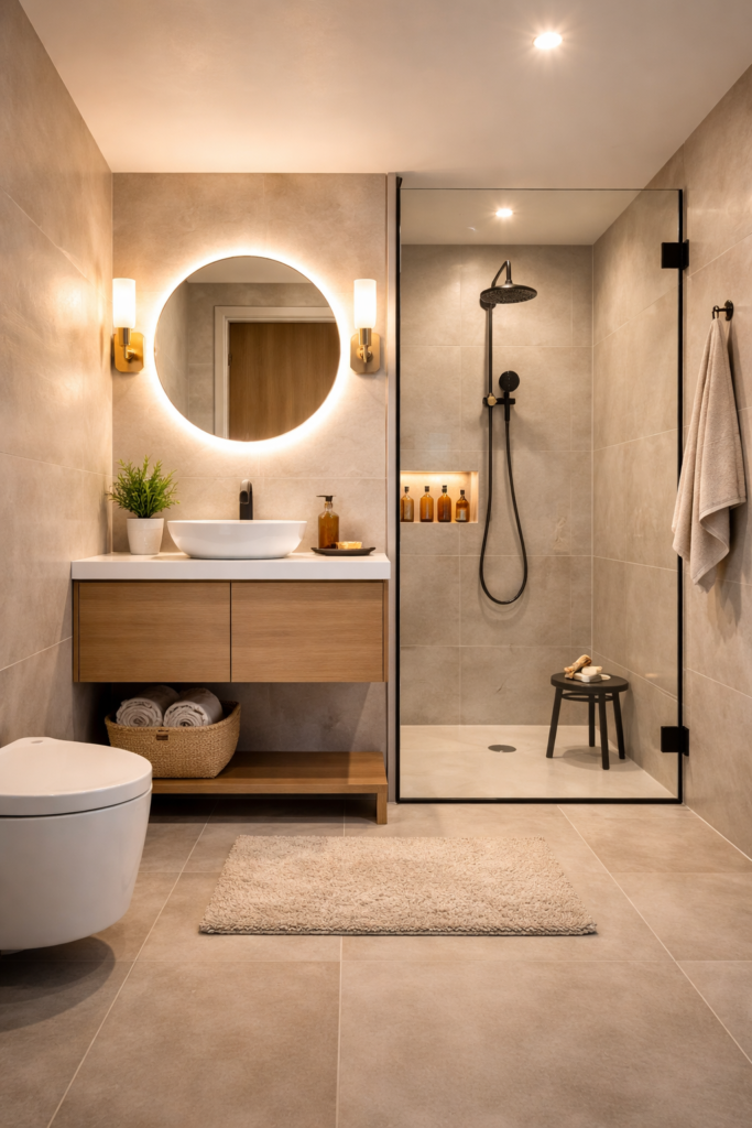 Small bathroom with three light sources, LED mirror, ceiling lights, and ambient lighting