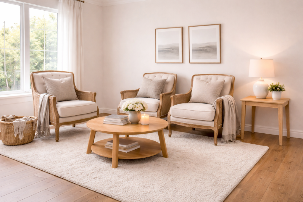 warm living room ideas with vintage chairs, simple layout, soft neutral tones and minimal decor