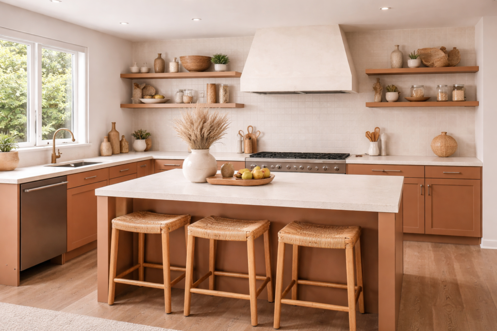 clay themed kitchen with terracotta cabinets, warm tones, and natural decor