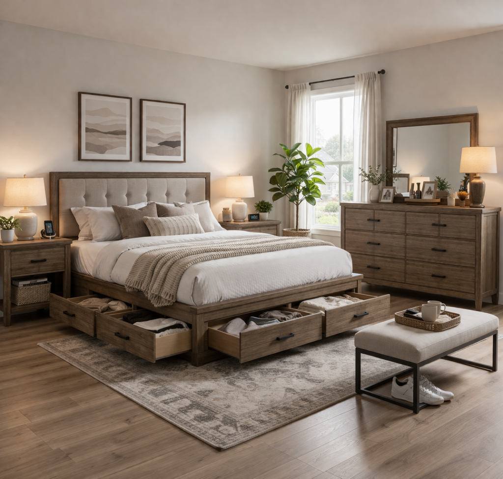 Modern bedroom sets with storage bed, matching nightstands, and dresser in a real home layout