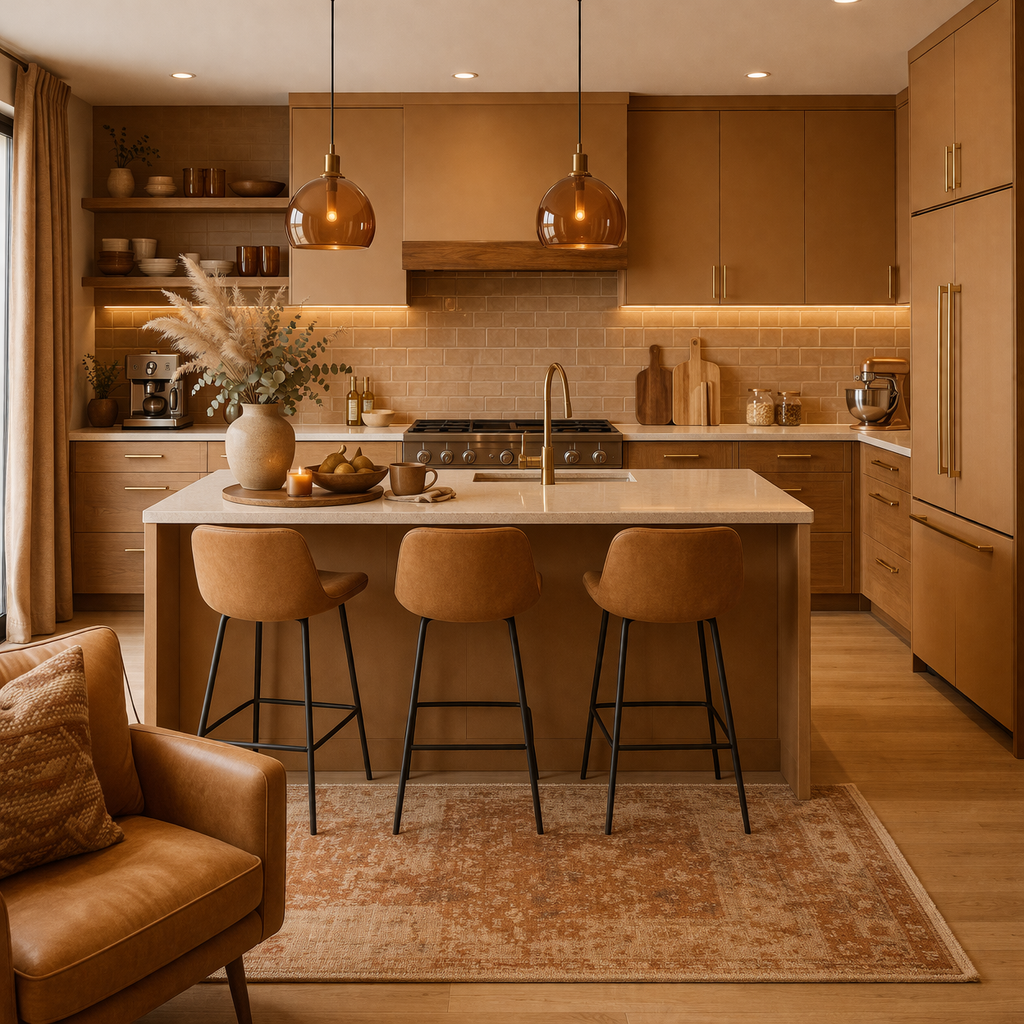 Warm modern kitchen with camel color cabinets, soft lighting, wooden textures, and a central island with bar stools.