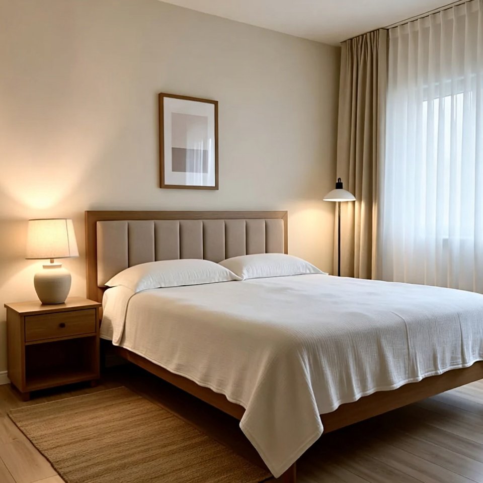 Bedroom with budget-friendly bedroom sets featuring a simple bed frame, matching nightstands, and practical furniture.