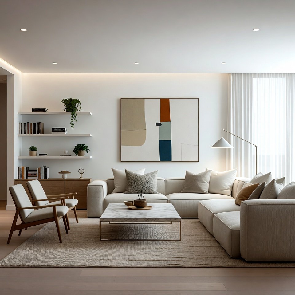 Modern living room with trending furniture including curved sofa, minimalist coffee table, and neutral decor.