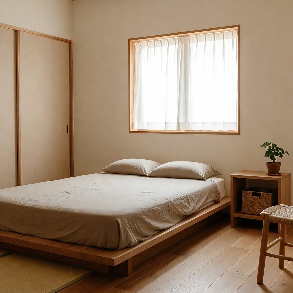 Bedroom wall painted with eggshell paint finish in soft neutral color with smooth interior texture