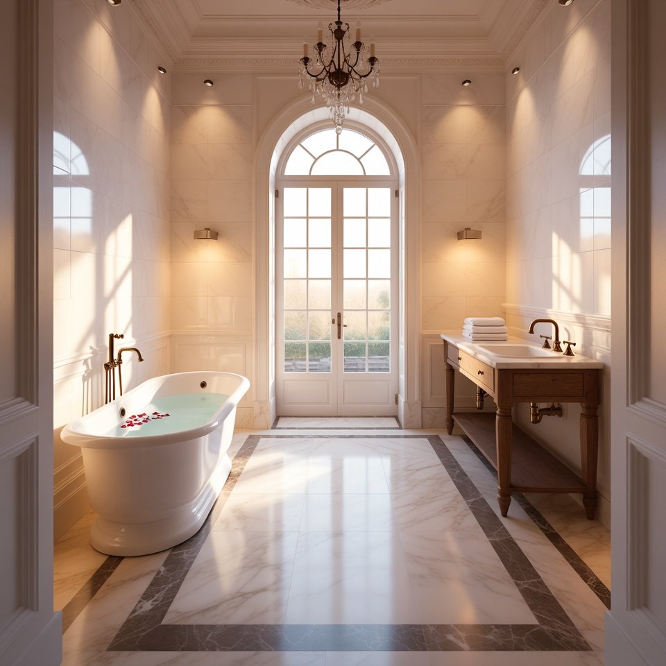 elegant bathroom floor with marble-look tiles showcasing modern bathroom tile ideas floor designs