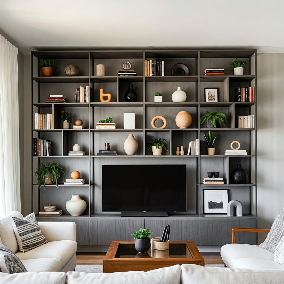 Stylish living room wall decorated with framed art and modern accents