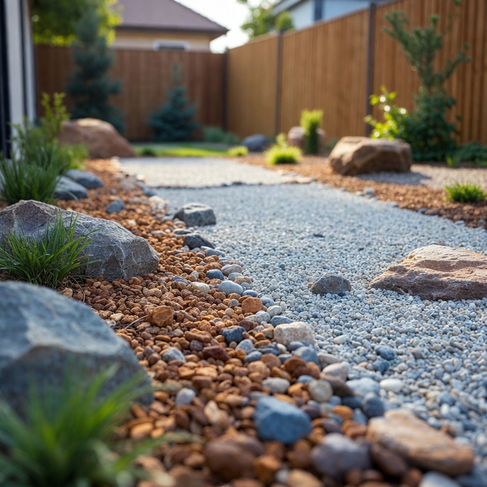 Backyard garden with stone patio, outdoor lounge furniture, and decorative plants arranged around the seating area.