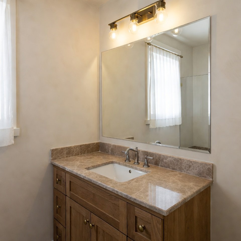 Modern bathroom with a solid wood vanity, natural grain finish, and clean design