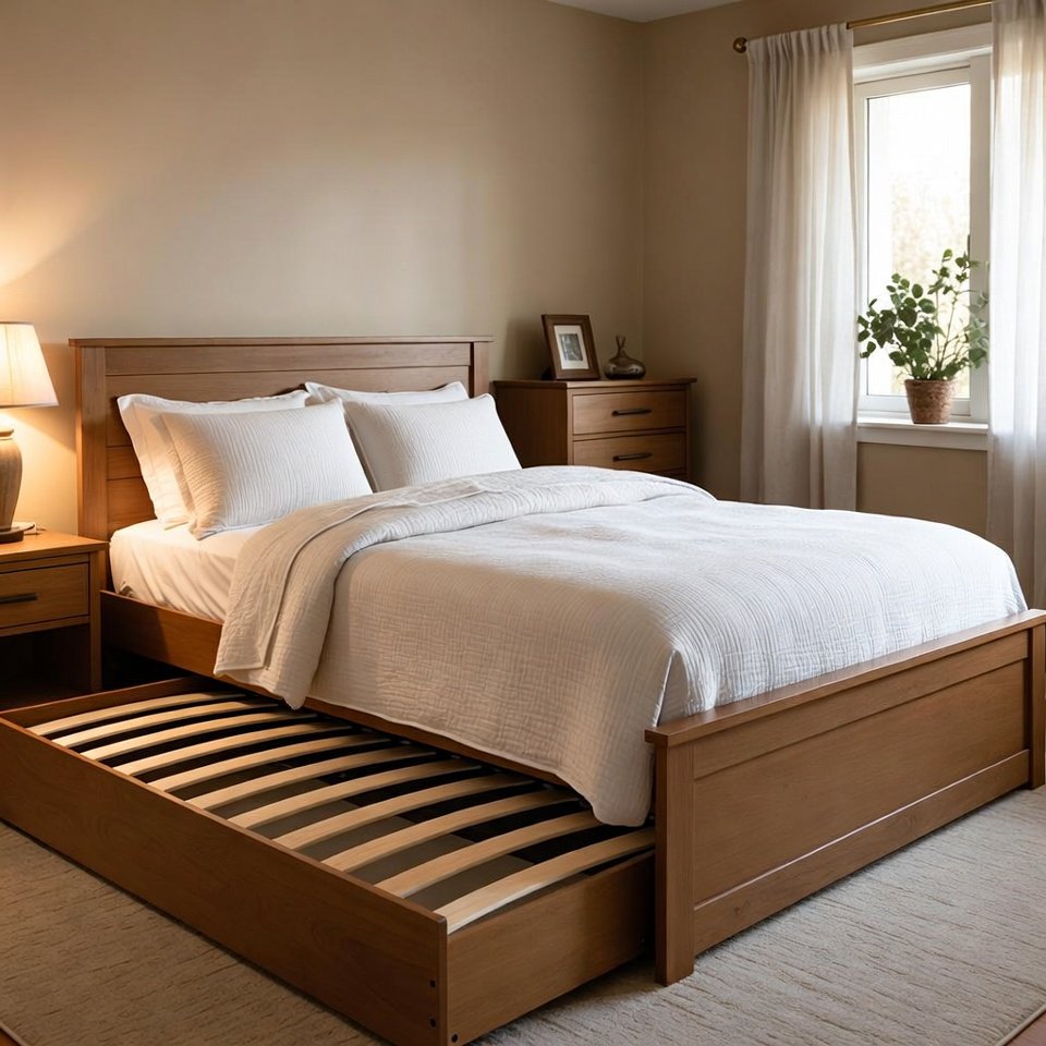 Bedroom with trundle bedroom set featuring a main bed with a pull-out trundle bed underneath for extra sleeping space.