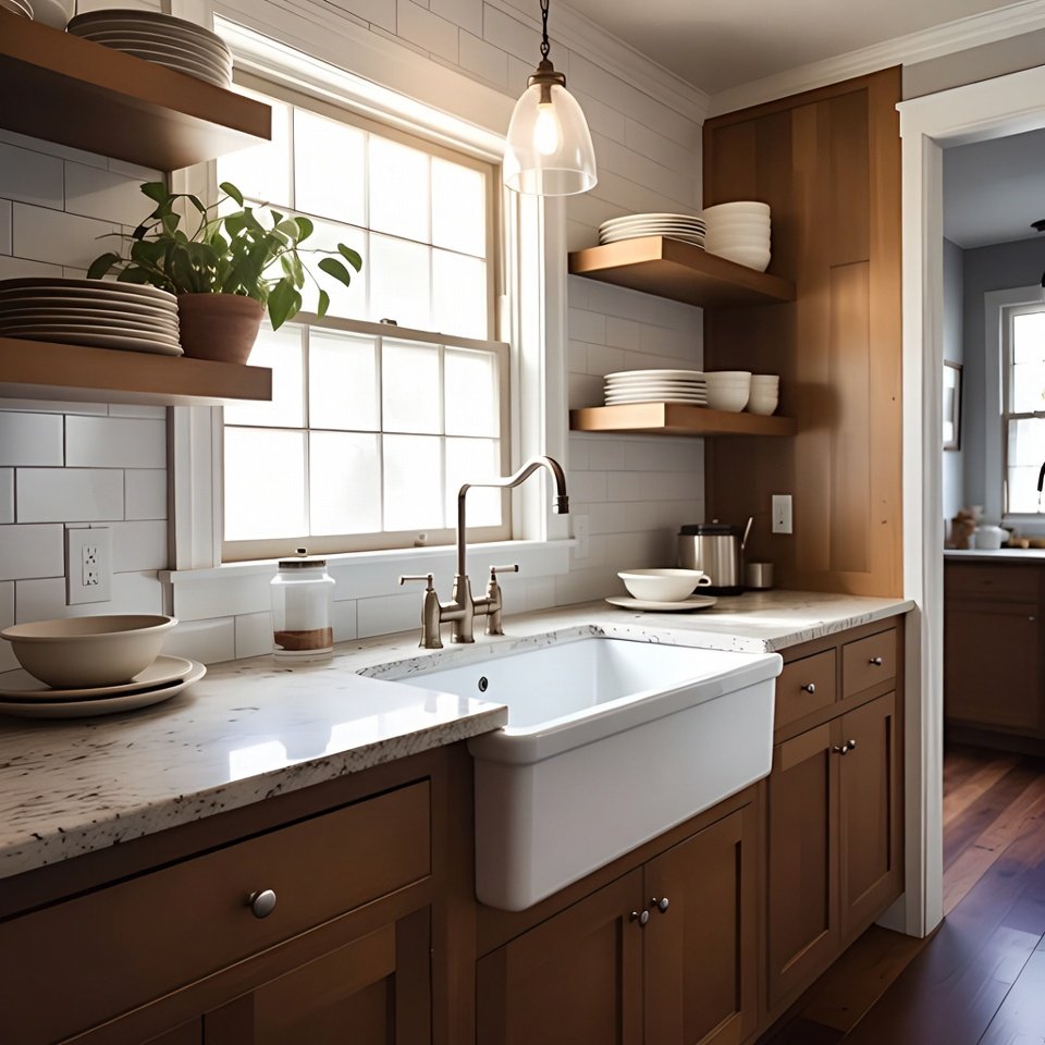 Spacious kitchen featuring a farmhouse-style sink with apron front, wooden countertops, and rustic decor.