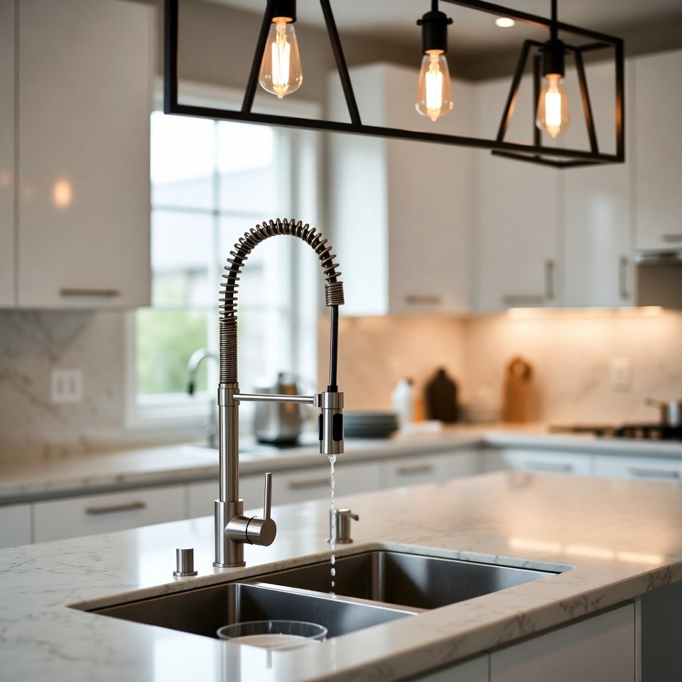 Modern kitchen featuring a double-bowl sink with a polished countertop and contemporary cabinets.
