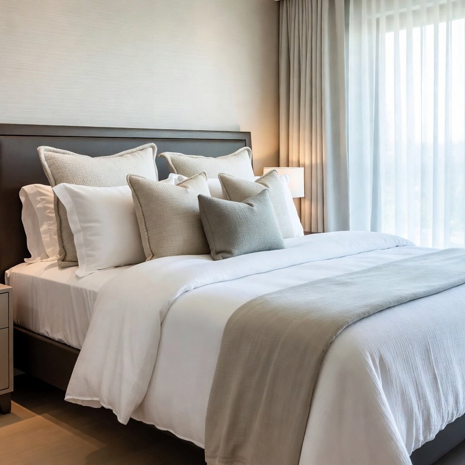 Bedroom with a king bed set featuring a large upholstered king-size bed, matching nightstands, and coordinated bedroom furniture.