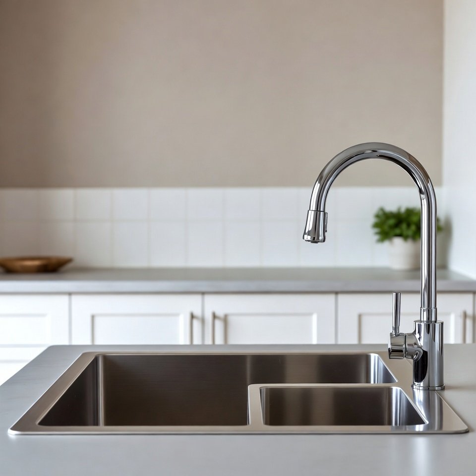 Modern kitchen featuring a sleek kitchen sink with a contemporary faucet installed in a stylish countertop.
