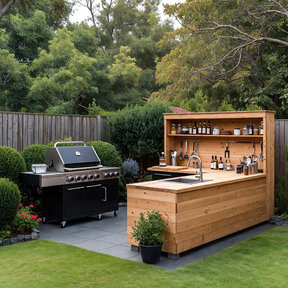 Cozy backyard patio with cushioned seating, wooden coffee table, and surrounding plants under soft lighting.