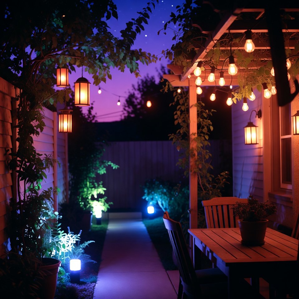 Backyard patio with outdoor lighting, including string lights and pathway lights around a seating area.