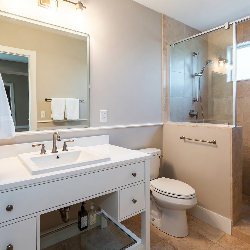 Modern guest bathroom with a compact vanity, clean lines, and simple design