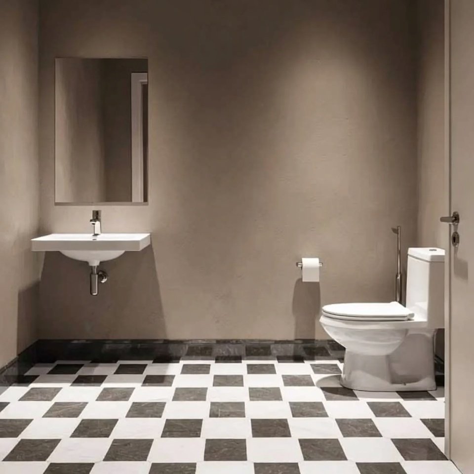 Bathroom with geometric tile floor featuring bold shapes that create a modern patterned design.
