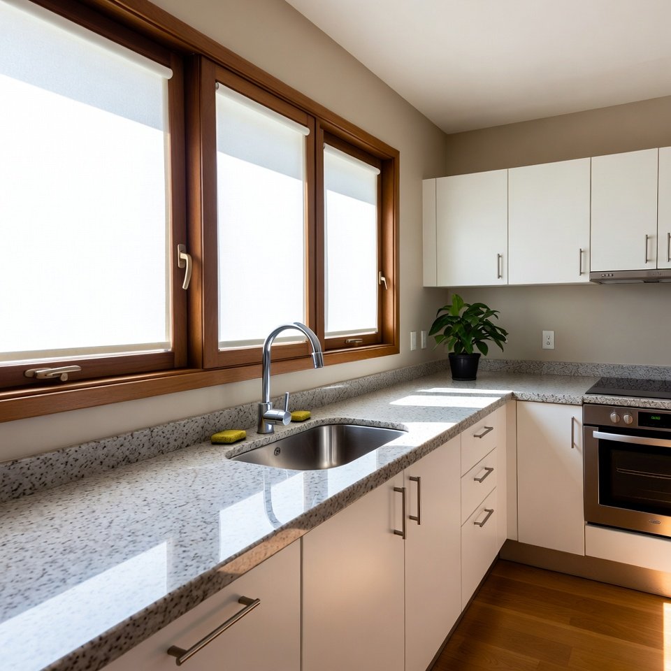 Modern kitchen with a granite kitchen sink installed in a polished countertop and surrounded by sleek cabinets.