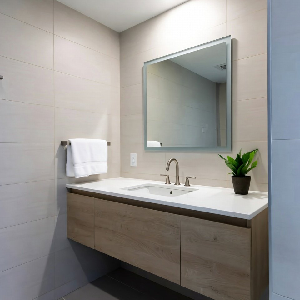 Modern bathroom vanity with 30 inches of open space underneath, sleek design, and storage options