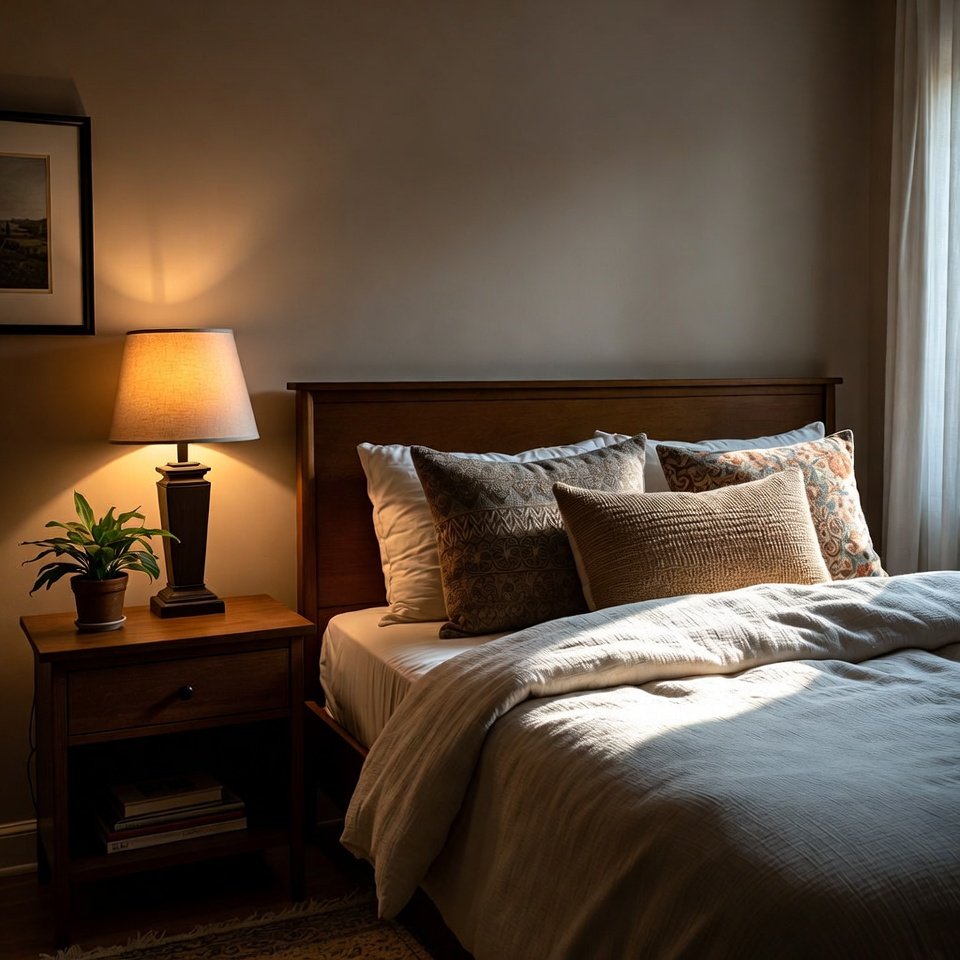 Bedroom with an accessorized bed set featuring decorative pillows, layered bedding, and matching bedside décor.