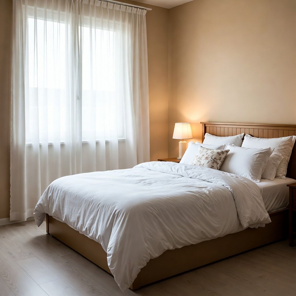 Bedroom with a double bed set featuring a double-size bed, matching nightstands, and coordinated bedroom furniture.