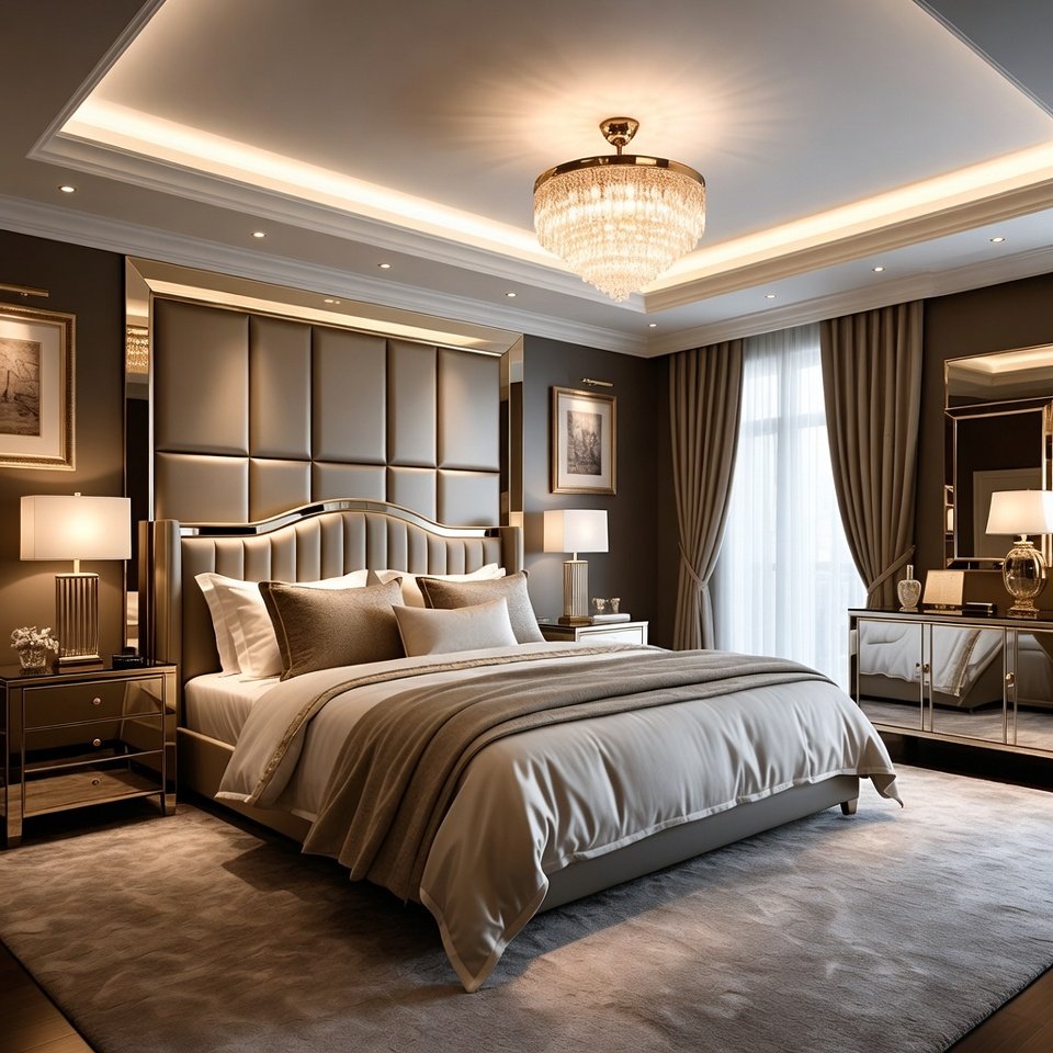 Bedroom with luxury bedroom sets featuring an elegant upholstered bed, stylish nightstands, and refined bedroom décor.