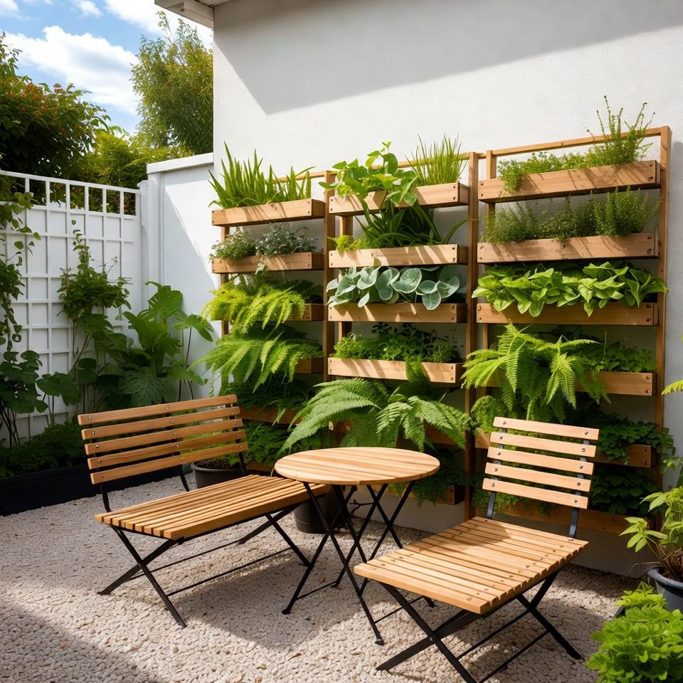 Backyard with a vertical garden wall, foldable benches, and a compact outdoor table.