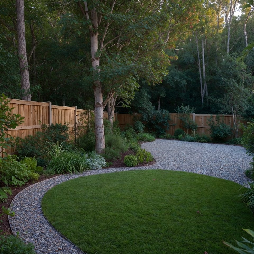 Backyard design with gravel paths and turf lawn sections surrounding a small patio seating area.