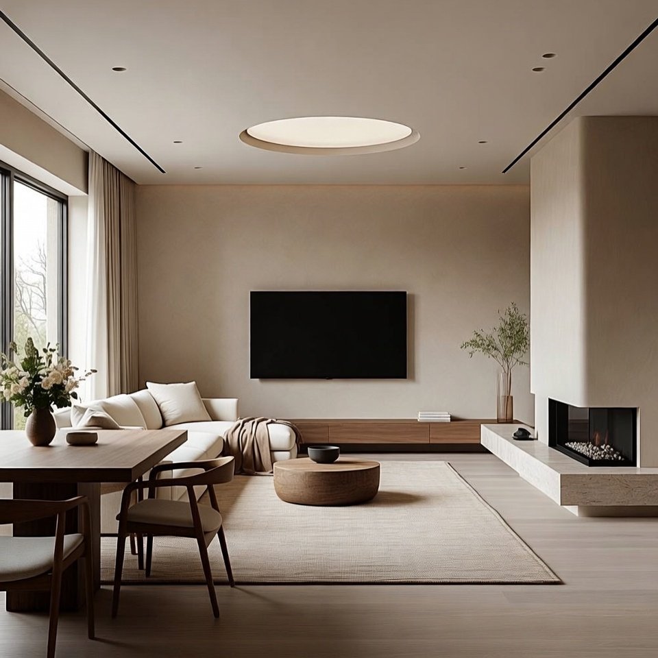 Contemporary living room with neutral tones, elegant furniture, and decorative accents