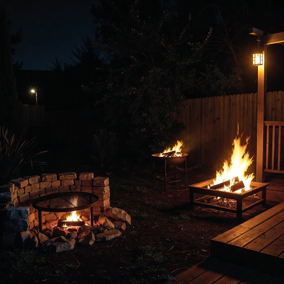 Backyard patio with a fire pit at the center, surrounded by outdoor chairs and a paved seating area.
