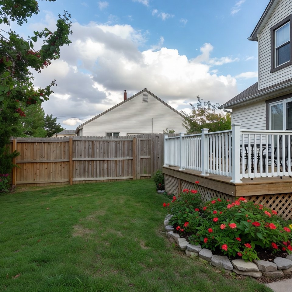 Small backyard design with compact patio seating, potted plants, and a narrow garden layout.