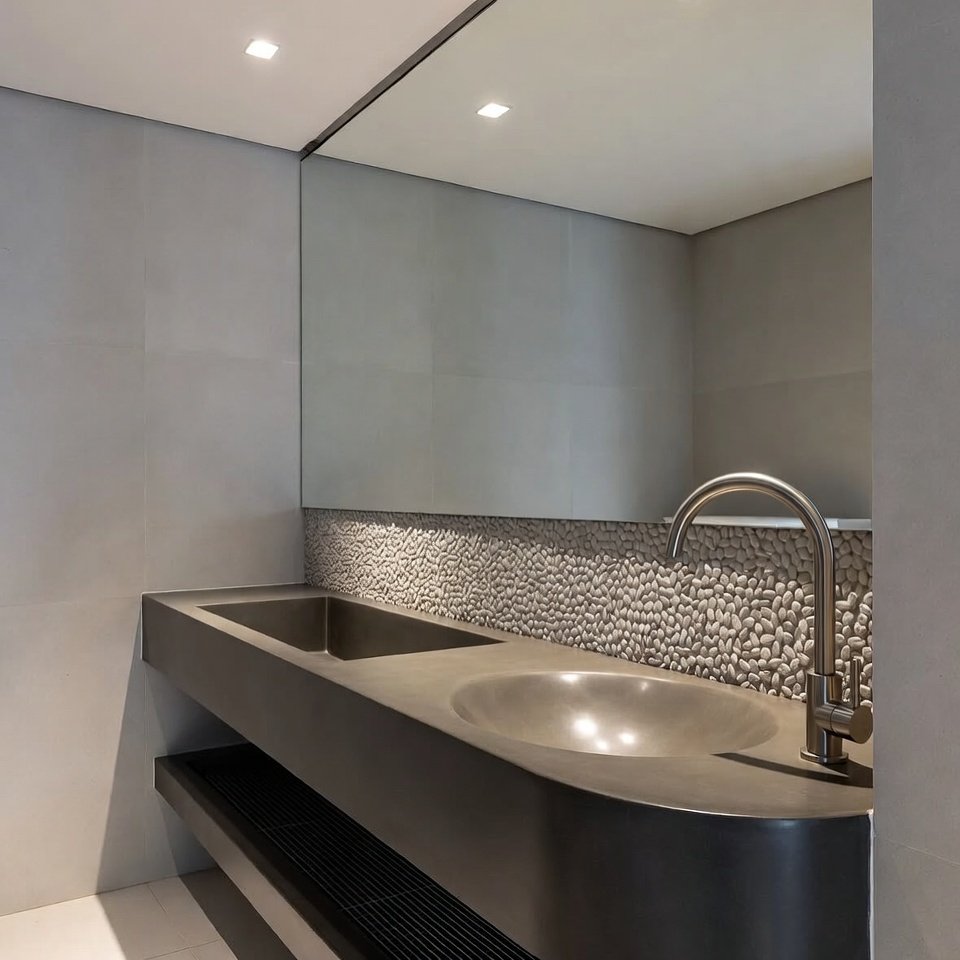 Modern bathroom with a contemporary style vanity, sleek finish, and clean lines
