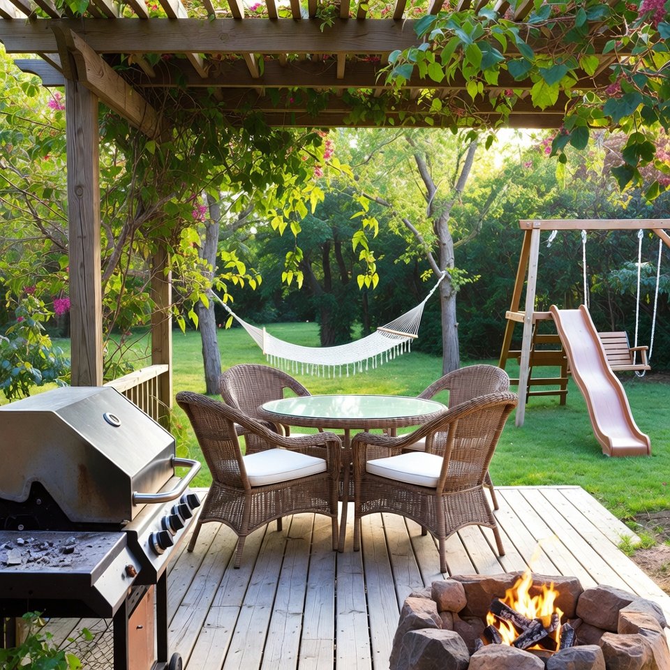 Backyard patio set up for entertaining with outdoor seating, dining table, and decorative lighting.