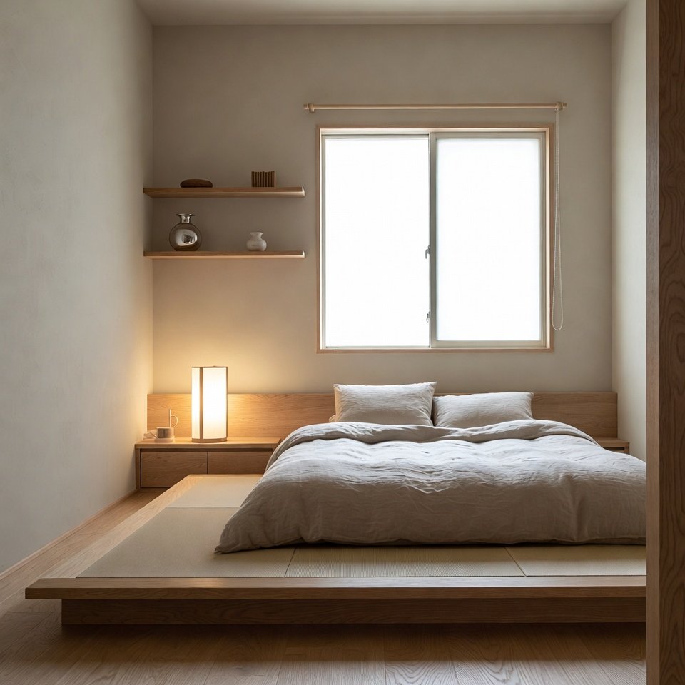 Japandi style bedroom with wooden bed, neutral tones, minimalist decor, and soft natural lighting