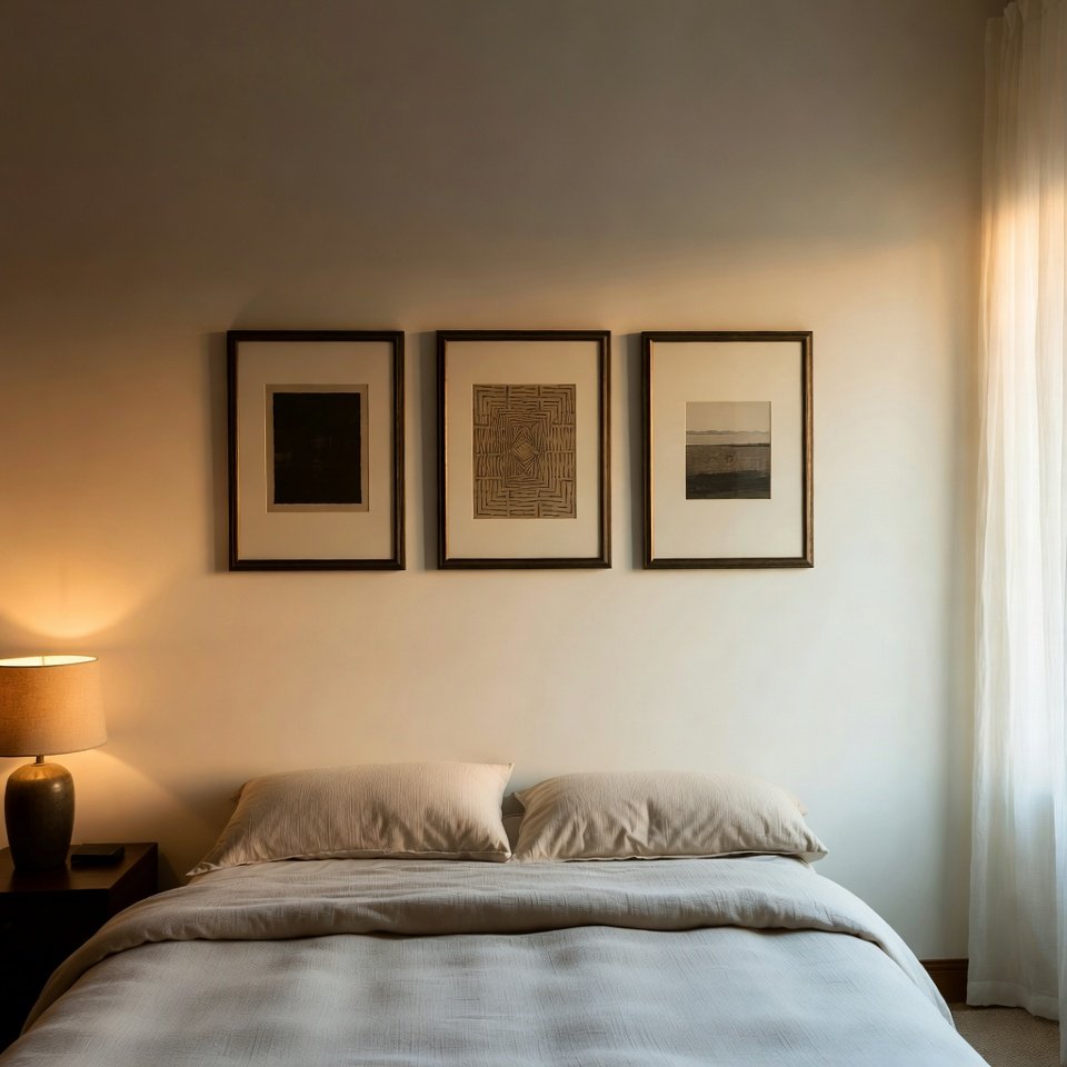 Bedroom interior with decorative wall art above the bed and modern neutral decor