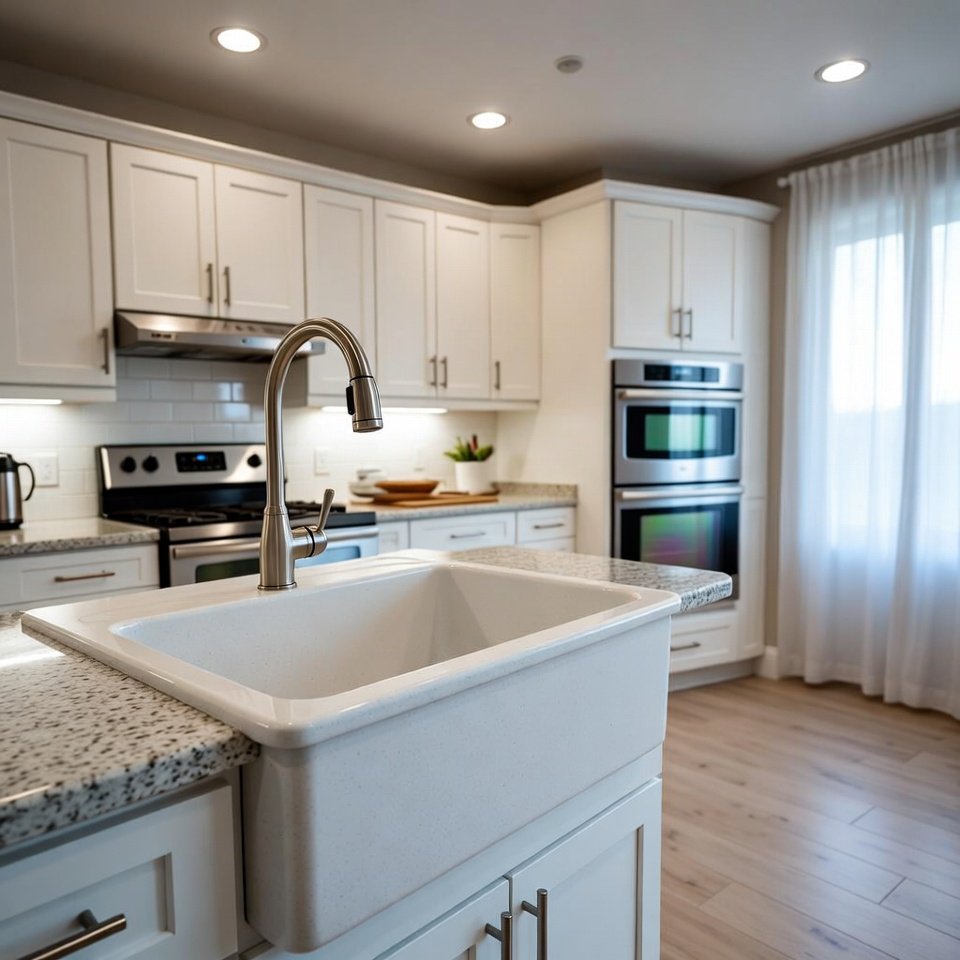 Modern kitchen with ceramic and porcelain kitchen sink installed in a clean countertop with simple cabinetry.