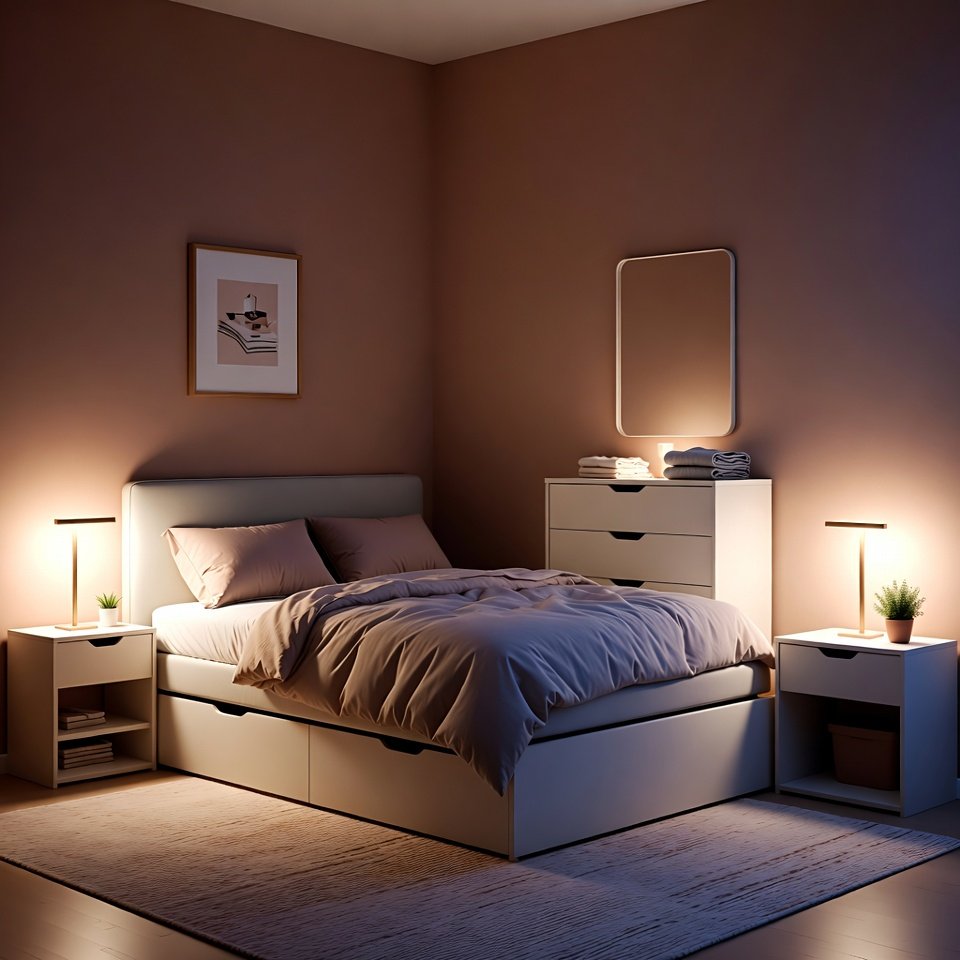 Bedroom with a compact bedroom set designed for small apartments, featuring a space-saving bed and minimal furniture.