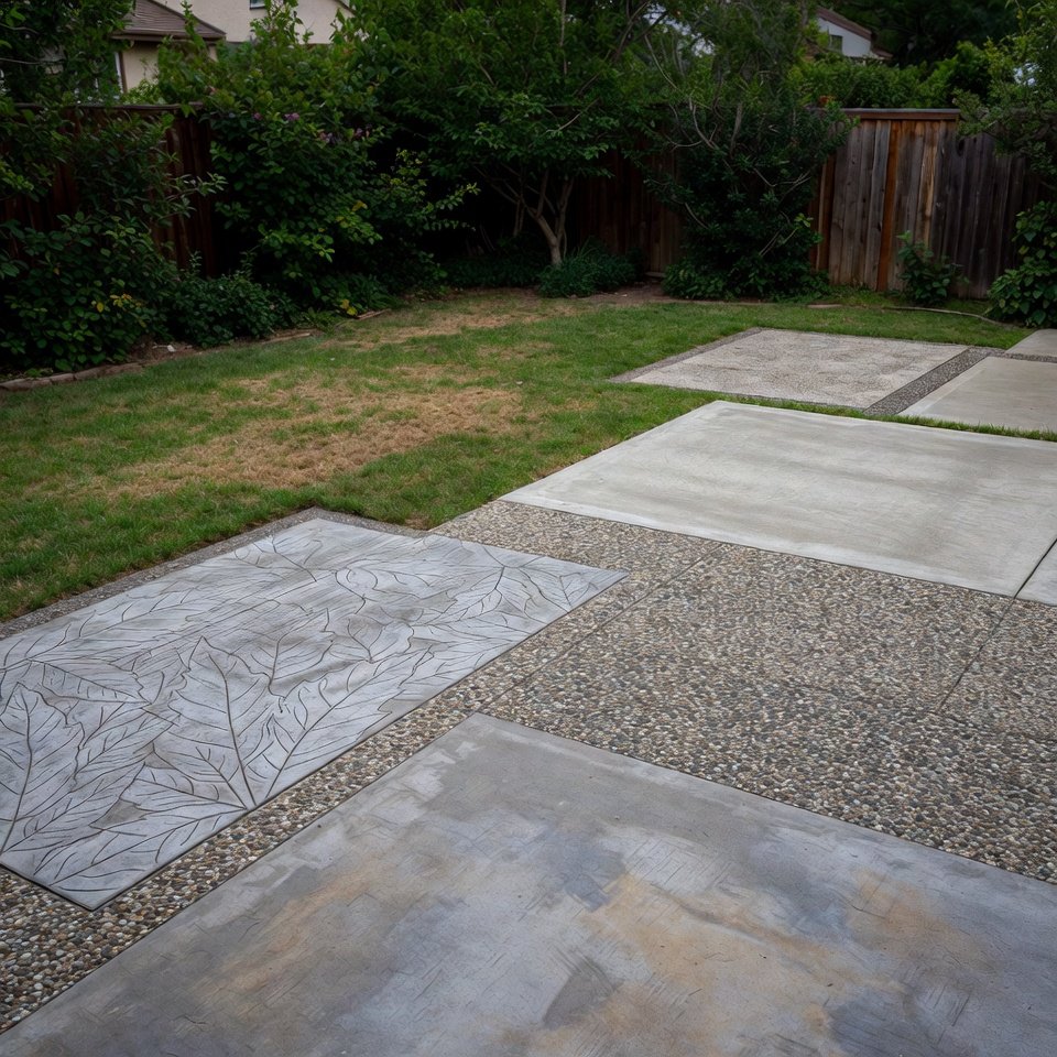Backyard patio design with paved seating area, outdoor furniture, and landscaped plants creating a comfortable outdoor living space.