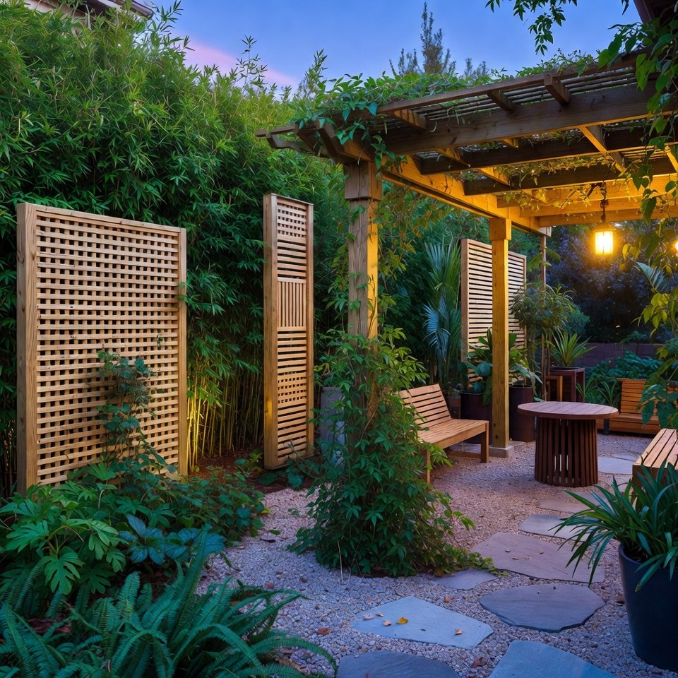 Backyard patio with privacy features such as wooden screens, tall plants, and a fenced seating area.