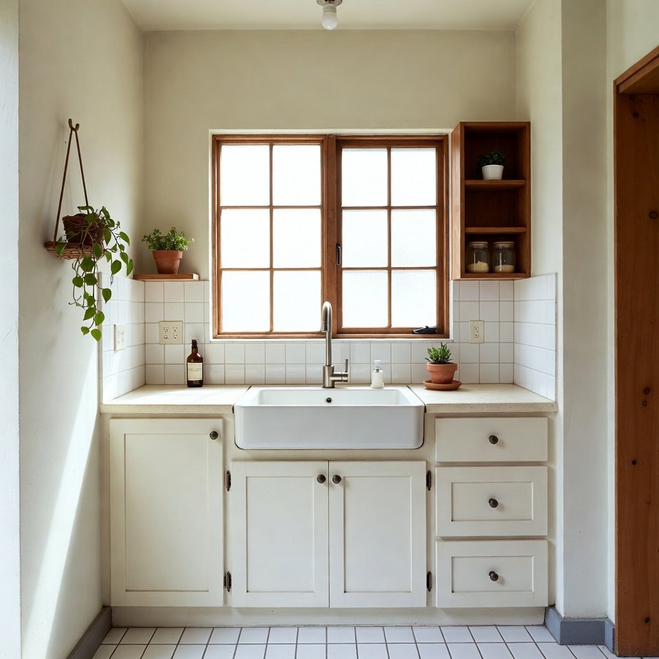 Kitchen with a single-bowl sink installed in a clean, modern countertop with minimalist design.