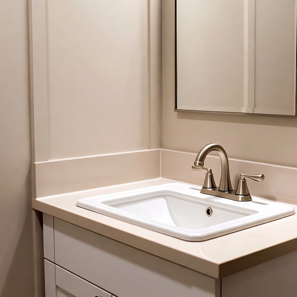 Modern bathroom vanity with sink in standard size, featuring cabinet storage, countertop, and mirror in a contemporary bathroom