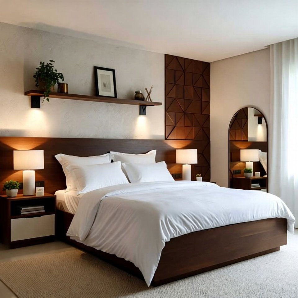 Bedroom with a wooden bedroom set including a solid wood bed frame, matching nightstands, and a classic wooden dresser.