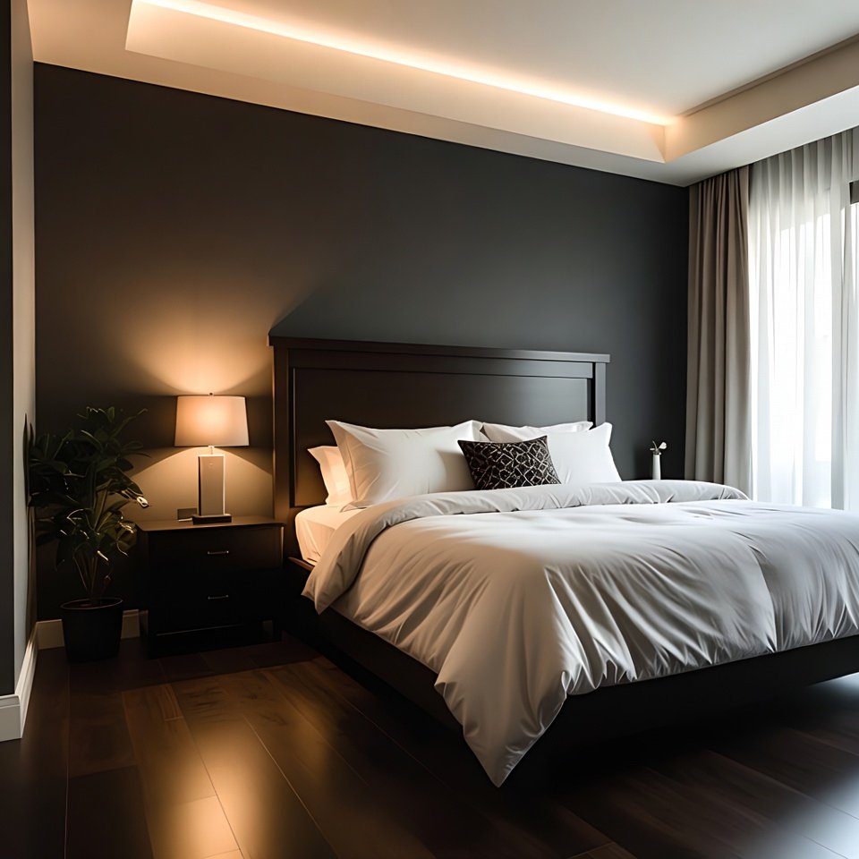 Bedroom with dark finishes featuring a dark wood bed frame, matching nightstands, and deep-toned bedroom décor.