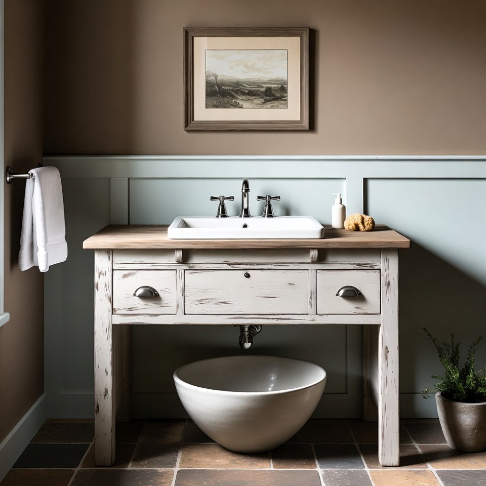 Modern bathroom with a farmhouse style vanity, rustic wood finish, and simple fixtures