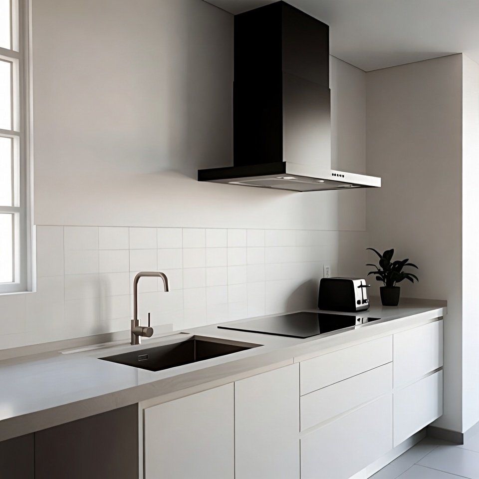 Modern kitchen with an integrated sink built into a seamless countertop and minimalist cabinetry