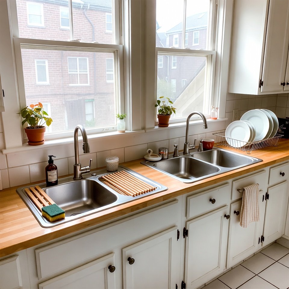 Kitchen sink with accessories including a drying rack, soap dispenser, and cutting board on a modern countertop.