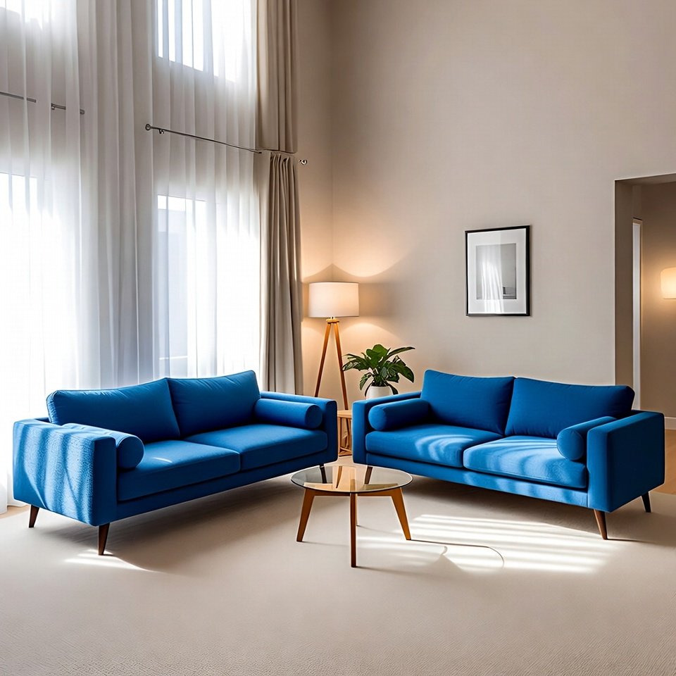 Modern living room with trending blue sofas, neutral walls, and a stylish coffee table.